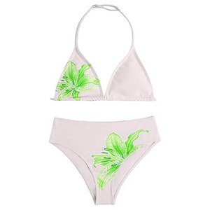 Ensemble de bikini à imprimé floral pour femmes, haut triangle à col halter, bas hipster, en spandex et polyester extensible, maillot de bain respirant, vêtements de plage - Product Image 1