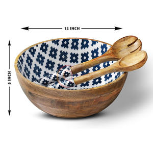 Cuenco de comida de madera de forma redonda pintada con esmalte estándar con cuchara y tenedor, cuencos de comida de mesa para hoteles y restaurantes de India - Product Image 2