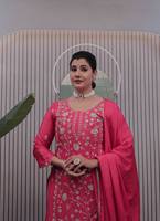 Traje de secuencia de cordón de diseñador indio con Sharara Color Rosa Chinon Ropa de fiesta de seda Ropa occidental Ropa étnica