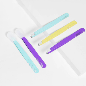 Pince à sourcils en acier inoxydable à double usage avec peigne Pince à cils oblique Pointe pointue Épilation des sourcils Pince à épiler écologique - Product Image 3