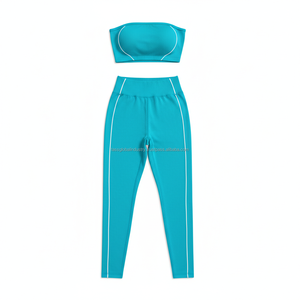 Conjunto de Yoga OEM Personalizado sin Costuras para Mujer: Top Bandeau sin Tirantes y Leggings de Cintura Alta, Traje de Entrenamiento de 2 Piezas con Ribete en Contraste, Ropa Deportiva - Product Image 5