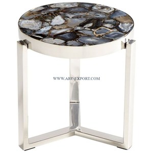 Table d'appoint en acier inoxydable Base en métal poli miroir Conception ronde en agate Qualité exclusive Table d'appoint basse d'intérieur de grande taille - Product Image 1