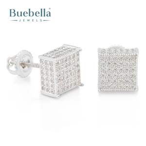 Gran oferta, joyas BUEBELLA S925, pendientes de tuerca de racimo de diamantes redondos chapados en plata de ley, estilo Hiphop, boda para mujer - Product Image 2
