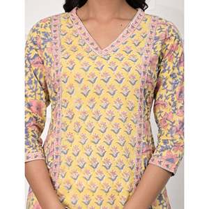 Yellow Floral-<b>Printed</b> Straight Kurti Traditional Indian Ethnic Cotton Butti <b>Block</b> Stitched for Daily Wear Parties Made Rayon - Product Image 2