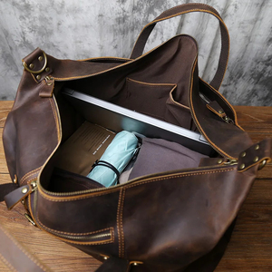 Genuine Leather Foldable Portable Weekender <b>Duffel</b> <b>Bag</b> Zipper Closure Durable Vintage Style Large Capacity Waterproof Travel - Product Image 4