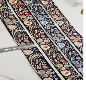 Custom Made Machine Embroidered in <b>Black</b> Coloured Ribbons & <b>Laces</b> for Wedding Dress 1 Inch Broad with Ethnic Indian Embroidery - Product Image 1