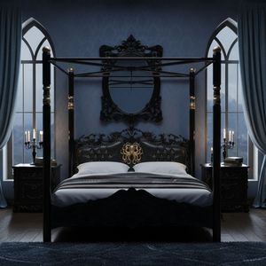 Cama con Dosel Desmontable de Madera de Caoba Maciza Heritage, Detalles Tallados a Mano, Cabecera Tapizada en Cuero PU, Estilo Clásico de Cuatro Postes - Product Image 1