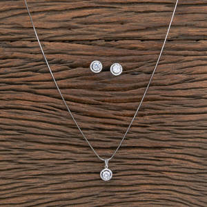Cubic Zirconia Solitaire Pendant Set con rodio Chapado 427551 Joyería hecha a mano en la India - Product Image 1