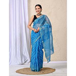 Sari en soie brodé et imprimé à la main Kota Doriya avec chemisier, style Bollywood doux pour le quotidien et les fêtes, matière épaisse - Product Image 4