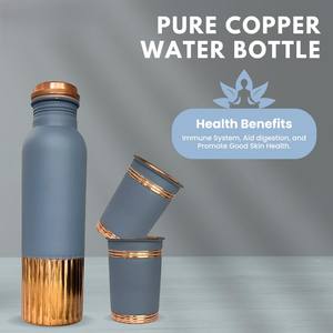 Bouteille d'eau en cuivre martelé à moitié, 1 litre, design martelé à moitié, bouteille d'eau en cuivre pur avec ensemble de verres, travail Meena - Product Image 5