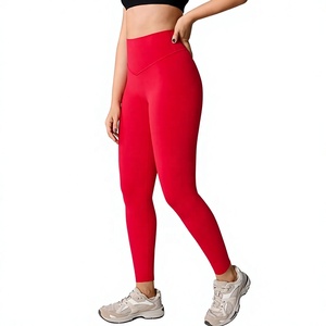 High Waist Full Length Yoga <b>Leggings</b> Solid Red Spandex/Polyester Four-Way Stretch Breathable Quick Dry Eco-Friendly Elastic - Product Image 1