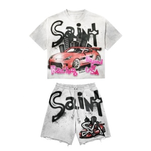 Conjunto de Camiseta y Pantalones Cortos de Algodón con Cuello Redondo, Estampado de Serigrafía Personalizable, Ecológico, Estilo Urbano para Hombre, Diseño de Auto de Carreras, Verano - Product Image 2