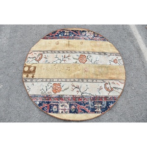 Alfombra Turca Redonda de 4.3x4.3 pies, Alfombra de Lana con Rayas Azules y Rojas - Product Image 1