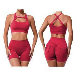 Ensemble de yoga sans couture pour femmes soutien-gorge de sport à bretelles et short de sport 2 pièces entraînement Fitness costume Impact Sportswear - Product Image 5