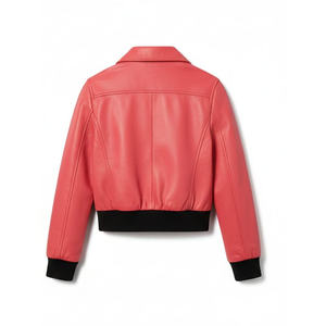 Chaqueta Bomber de Motociclista para Mujer, de Algodón Estampado Rojo Coral, Ajustada, Impermeable, con Cintura y Puños Acanalados Negros - Product Image 3
