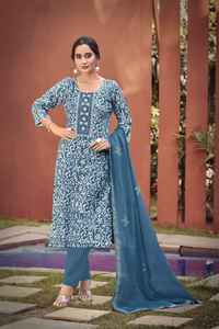 Conjunto de vestido Kurti estampado de algodón indio con pantalón Dupatta, ropa de verano étnica para mujer, parte inferior superior para la cultura india y pakistaní - Product Image 6