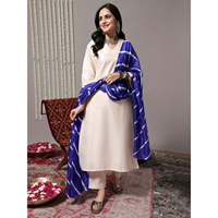 Ensemble Kurta et pantalon long brodé Rama's Ivory, avec Dupatta Leheriya bleu roi, en tissu crêpe 100% coton respirant, décontracté
