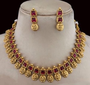 DERNIÈRE ANTIQUE LAXMI TRADITIONNEL ET À LA MODE ENSEMBLE DE BIJOUX DU TEMPLE INDIEN DU SUD & CHOKER SUD COLLIER BOUCLES D'OREILLES ENSEMBLE FEMME FILLE - Product Image 3