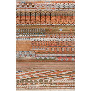 Alfombra Manchaha de Lana y Seda de Bambú con Patrón Geométrico Anudada a Mano en Rojo y Naranja - Para Uso Doméstico Les-2490 - Product Image 1