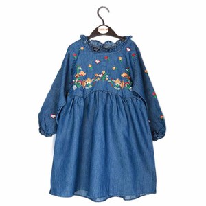 Girls Embroidered Denim Frock - Blue - Product Image 1