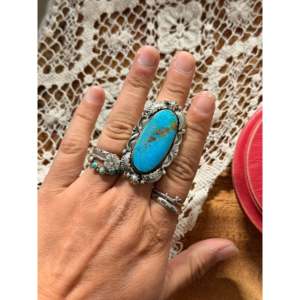 Emerson Degarito Handmade Kingman Turquoise & Sterling <b>Silver</b> <b>Ring</b> <b>Emerald</b> Cut Stone Bezel Setting Inlay Size 8.75 Everyday Wear - Product Image 2