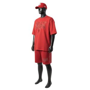 Men <b>Shirt</b> and Short Set Premium 180 GSM Cotton Jersey Fabric Red Color Rhinestone Heat <b>Press</b> Custom Logo Men's Jogging Short Set - Product Image 4