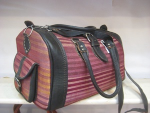 Striped Textile Luxury Duffel Bag with Black Leather Trim Zipper Closure Large Capacity Travel Weekender - Product Image 4