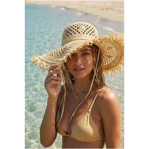Chapeau de paille beige à large bord et détail pompon, chapeau d'été HSR2119 - HSR2119-BEJ - Product Image 1
