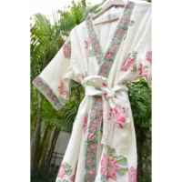Bata de Baño Casual Rosa de Algodón 100% Suave y Transpirable con Estampado de Loto y Cuello en V para Mujer Bohomin, Manga Larga, Estampado a Mano, Conjunto de Bata