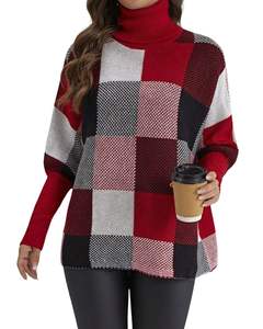 Women <b>Red</b> Black White Checkered Turtleneck Sweater Winter Knitted Pullover Long Sleeve Casual Fashion Top For Women Winter Wear - Product Image 1