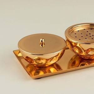 Ensemble de brûleur à encens en métal martelé or et argent de luxe avec plateau, bol rond pour encens Bakhoor Oud, décoration d'intérieur, ornement - Product Image 3