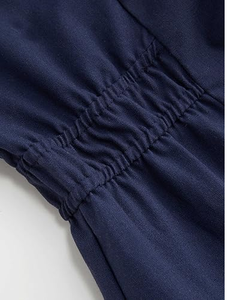 Camisa de mujer de alta calidad Midi Vestido de manga corta con botones en la cintura con cuello ajustado ropa de oficina elegante traje azul marino - Product Image 5