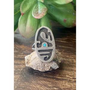 Vintage Navajo Made Turquoise & Sterling <b>Silver</b> <b>Statement</b> <b>Ring</b> Geometric Design Vermeil Rhodium Plating Size 5.5 Everyday Wear - Product Image 1