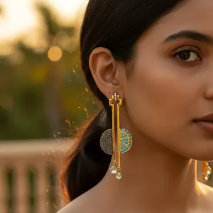 ต่างหูแบบห้อยชุบทองวินเทจสำหรับผู้หญิง ประดับพลอยสีน้ำเงิน ไข่มุก และเพชร ทองชมพู สำหรับงานแต่งงานและงานปาร์ตี้ - Product Image 3