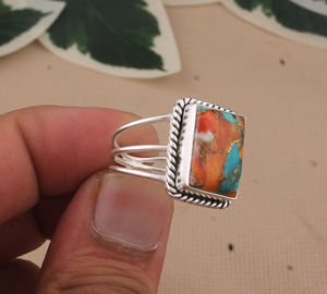 Bague en argent sterling 925 faite à la main avec incrustation d'huître épineuse et turquoise Boho Vintage bijoux de déclaration pour femmes - Product Image 4