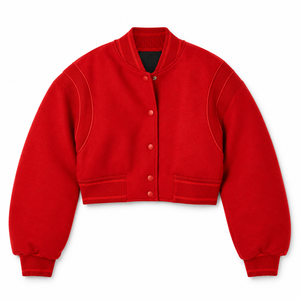<b>Red</b> <b>Wool</b> Varsity Jacket Women Stand Collar Cropped Bomber Jacket Long Sleeve Winter Outerwear - Product Image 1