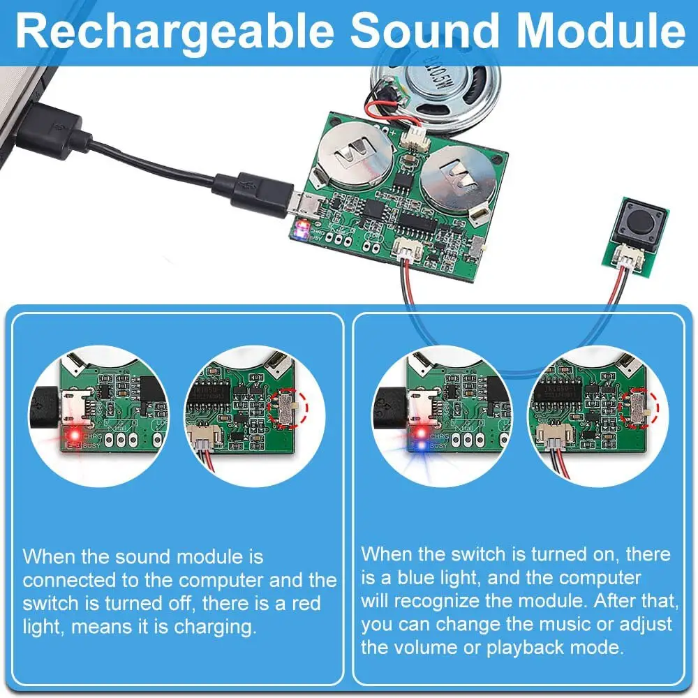 Recarregável USB Módulo Gravador De Som com Botão MP3 Audio Playback Brinquedo Gravador De Voz Speaker