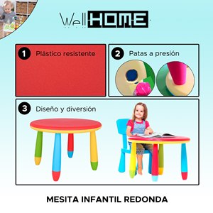 Juego de Muebles Infantiles Redondos Rojos, Mesa de 70 cm y 2 Sillas de Plástico Resistente, Dimensiones 38x35x67 cm - Product Image 2