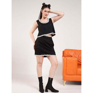 Deebaco Women's Black Solid Lace Co-Ord Set Sleeveless Crop <b>Top</b> With White Ruffle Trim Style Skirt Spring Summer Western Wear - Product Image 6