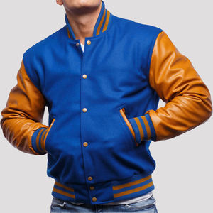 Royal Blue Tan Chaqueta universitaria para hombre Lana Letterman Bomber College Baseball con cuello levantado Transpirable Ribbed Trim Front Logo - Product Image 3