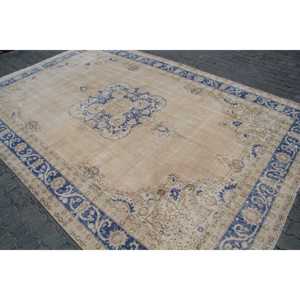 Alfombra de 7.7x11.5 pies, Alfombra Turca Vintage, Alfombra Sólida Azul y Blanca - Product Image 2