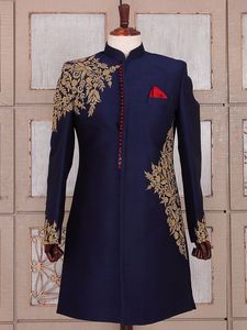 2024 Navy Silk Sherwani Heavy Embroidery Matching Pant <b>Shoe</b> Embellished Crystal Glass Beads Dabka <b>Work</b> Plus Size Groom Party - Product Image 2