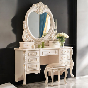 Elegant Midcentury Modern Luxury Handmade Solid Mahogany Wood Vanity Makeup Desk <b>Set</b> <b>Mirror</b> Stool Apartment <b>Bedroom</b> Living Room - Product Image 2