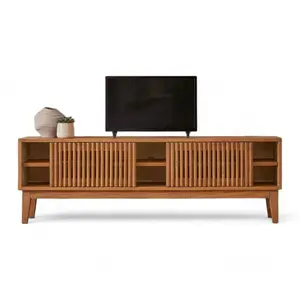 Modern kayu Herringbone Tv berdiri konsol televisi dengan pintu geser pertengahan abad penyimpanan lemari Tv ruang tamu furnitur