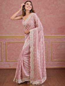 Collection de sari Bollywood Beautiful Diamond Chi-non Silk avec Heavy Embroidery Work en vente en ligne - Product Image 5