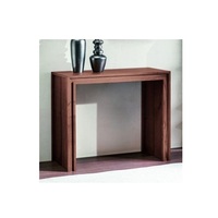 Table console en bois design, surface en teck poli, soutenue par des pieds en métal laiton brillant, excellente pour le bureau ou le salon