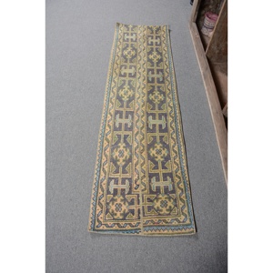 Tapis Turc Vintage 1.6 X 5.6ft Bleu Vert Patchwork Design Fait Main Laine Latex de Haute Qualité pour Salon Rectangle Couloir - Product Image 1