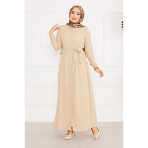 Robe beige jacquard boutonnée longueur genou, manches élastiquées, décoration diamant, taille XS, taille naturelle, légère, automne - Product Image 1