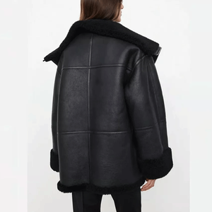 แจ็กเก็ตหนังแท้สีดำมีซิปรูดขึ้นเสื้อโค้ทขนแกะเสื้อแจ็คเก็ตบอมเบอร์สตรีทแวร์ทันสมัย - Product Image 2