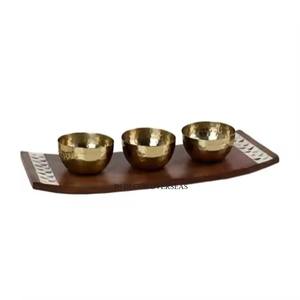 Hammered Texture High Grade Gold Plated Premium Quality Metal Made Round Shape Dry Fruits & Nuts Serving Bowls With Wooden <b>Tray</b> - Product Image 2